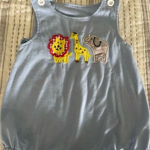 One piece bubble suit. Super soft.Zoo animals